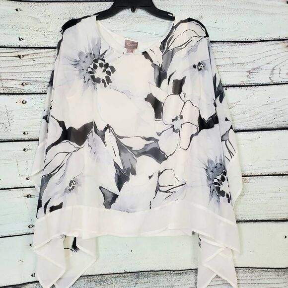 Chico's Tops - Chico’s Floral Poncho Blouse Top Size 2 (XL) Black White Sheer Overlay